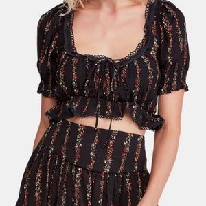 Free People Floral Crop Top Lace Trim Sz L